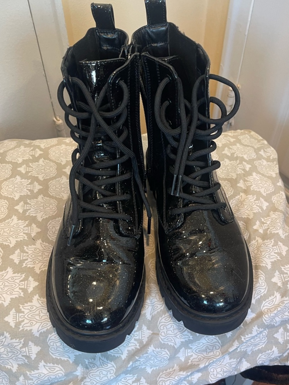 Women's Black Patent Lace-Up Combat Boots with Subtle Glitter